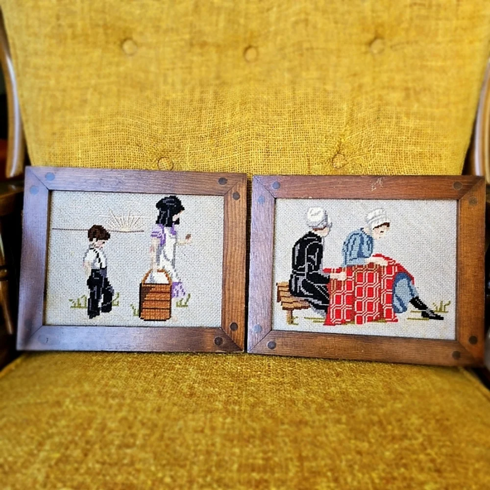 Vintage Needlework c1950 Amish Midcentury Embroidery Wood Frames Country Decor